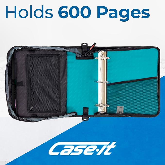 Case-it Zipper Binder | 3-Inch O-Rings | 600-Sheet | D-146 Spearmint Blue | Mighty Zip Tab, 5-Color Tab Expanding File Folder, Multiple Pockets, Shoulder Strap, School & Office