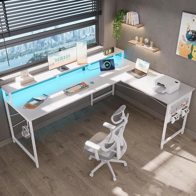 Pamray 64 Inch L Shaped Gaming Desk with Monitor Stand and Power Outlets | Large Corner Computer Desk With Pegboard & Led Lights USB Charging Ports for Home Office Study and Writing Bedroom and Dorms