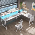 Pamray 64 Inch L Shaped Gaming Desk with Monitor Stand and Power Outlets | Large Corner Computer Desk With Pegboard & Led Lights USB Charging Ports for Home Office Study and Writing Bedroom and Dorms