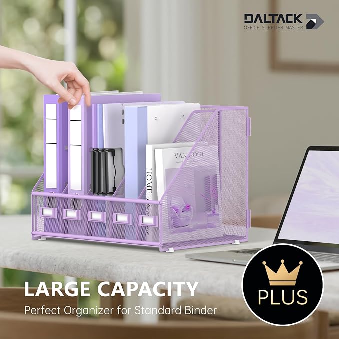 DALTACK 5-Slot Magazine File Holder, Metal Binder Holder, Purple | Iron Mesh Construction, Labeled Sections for Easy Sorting, Anti-Slip Feet, Binder and Folder Storage for Office, Classroom