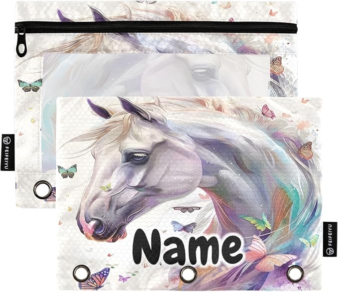 Custom White Horse Butterflies Pencil Pouch for 3 Ring Binder, 2 Pack Personalized Name Waterproof Pencil Bags Clear Window Pencil Case School Office Supplies