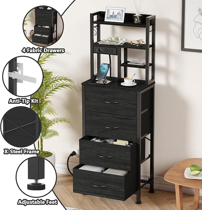 Tall Nightstand, LED Night Stand with Charging Station | USB Ports, 4 Fabric Drawers and 4 Tier Storage Shelf, Nightstands Bedside Tables for Bedroom, Dorm, Office (Black Oak)