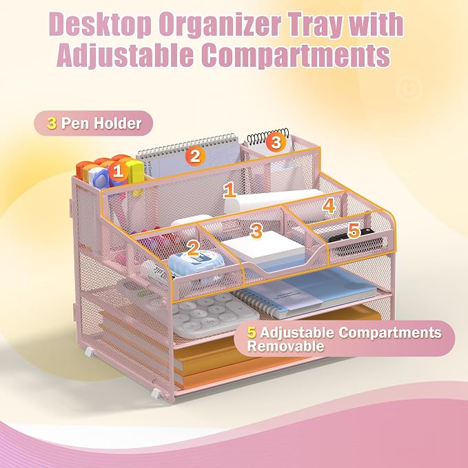 Docnest 3 Tier Mesh Desk Organizer with Letter Tray & Paper Sorter, Pink | Features 3 built-in pen holders & 5 adjustable compartments on top. Includes 4 non-slip rubber feet for desk protection