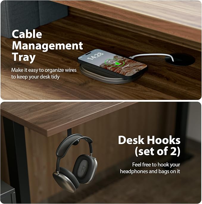 Agilestic 63 Inch L Shaped Electric Standing Desk with Drawer, Dark Walnut | 2 Stroage Drawers, Monitor Shelf, Corner Desk, Ample Workspace, Memory Presets, Hooks, Stable Steel Frame,176 lbs