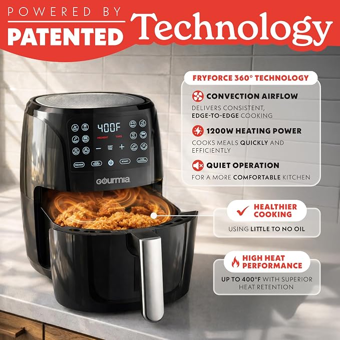 Gourmia Air Fryer - 6 Qt Large Capacity, FryForce 360º, Digital Display with 12 Presets, Roast, Bake, Broil, Dehydrate, Dishwasher Safe Accessories, Black