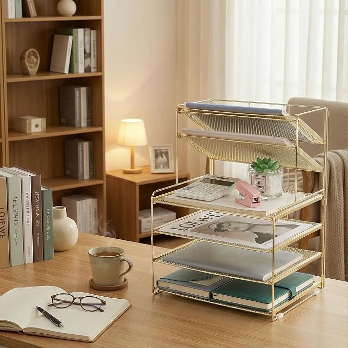 Desk Organizer, 6-Tier Paper Organizer Letter Tray, Gold | Desk Organizers and Accessories, Office Desk Accessories & Workspace Organizers, Desktop File Organizer for Office Supplies