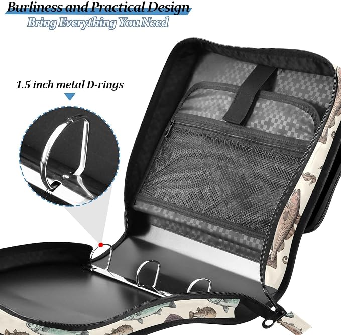 Vintage Fish Beige Print Zipper Binder Bag 3 Ring with Shoulder Strap & Handle Multi Pocket Binder Organizer Bag Large Capacity for School Office Supplies
