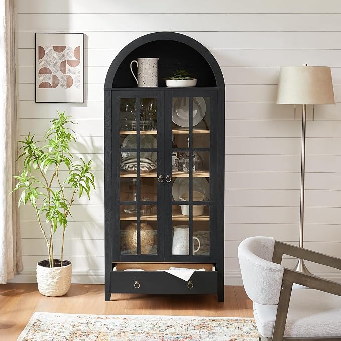 RowyPoey 71" Tall Arched Cabinet Bookshelf with Glass Door & Storage Drawer | Modern Farmhouse Display Cabinet,Adjustable Shelves,Wood Kitchen Pantry for Dining Room,Living Room,Office,Black