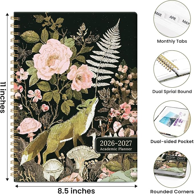 Planner 2026-2027, Academic Year Monthly & Weekly Planner Caledndar, July 2026 - June 2027, Hardcover Large Planning Agenda Book with Tabs for School Office Supplies, 8.5" x 11" - Wildwood Fox