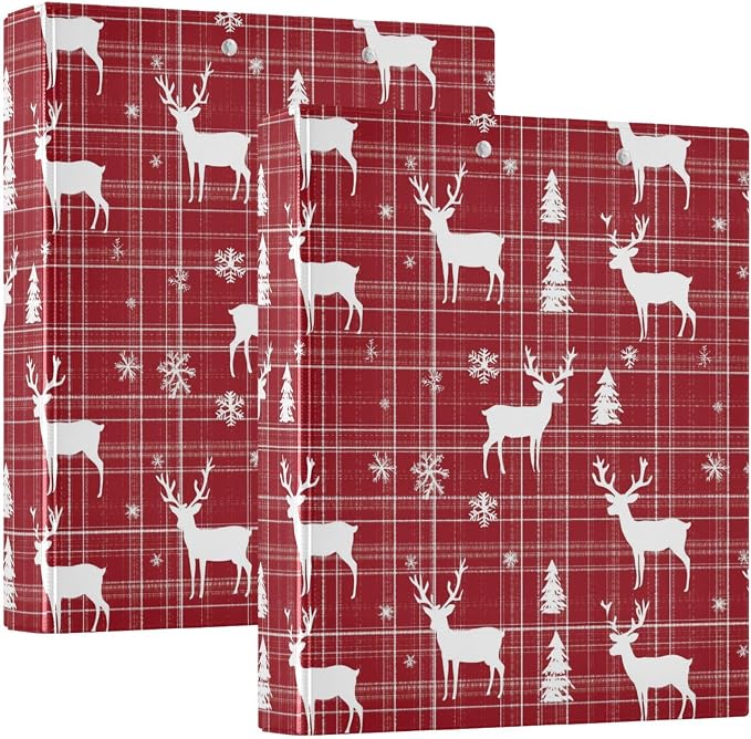 Christmas Reindeer and Snowflakes Plaid 3 Ring Binder 1.5" Decorative D-Ring Binder with Clipboard&3 Clear Pockets, Holds 200 Sheets A4 Size Paper Waterproof Binders for School Home Office|2 Pack