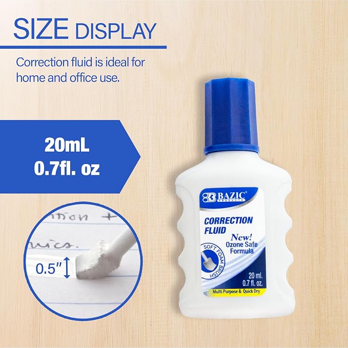 BAZIC Products Correction Fluid w/Foam Brush, Fast-Dry White, 20mL, 12-Box
