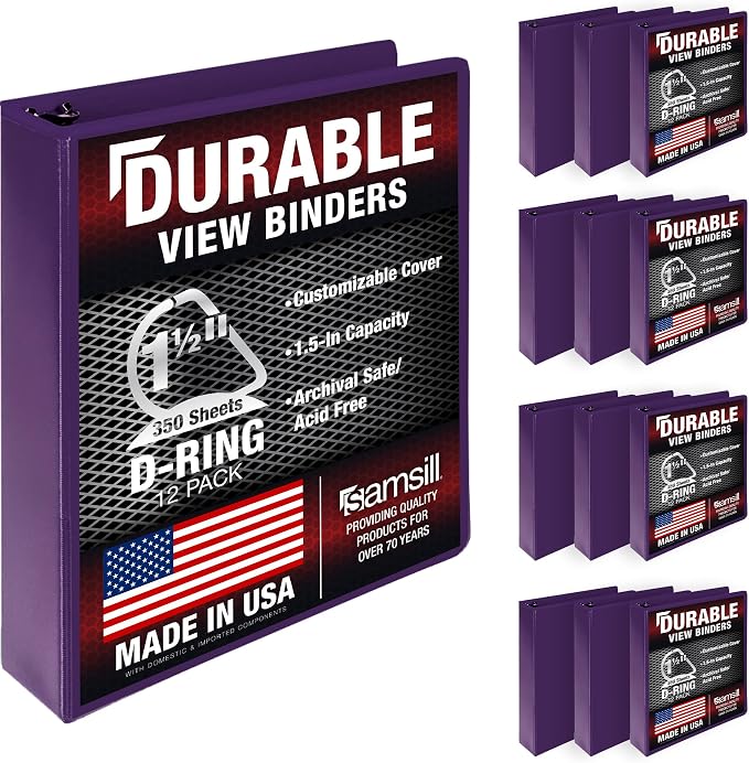 Samsill Durable 1.5 inch 3 Ring Binder, D Ring Binder, 100% Recycled Chipboard, Purple, 12 Pack