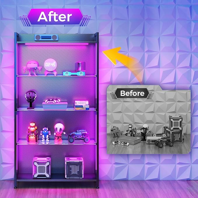 AODK Display Case with Glass Shelves & RGB Lights, 4-Tier Display Cabinet | LED Display Shelf with Industrial Metal Mesh & Open Shelf Design for Collectibles, Black Curio Cabinet, Book Case