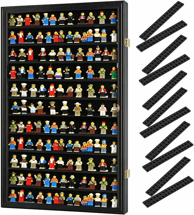 DisplayGifts Building Block Toy Minifigures Miniatures Thimble Display Case Wall Cabinet Standing Plates Included, 2.25" Shelf Height UV Protection Door Black Finish Frame