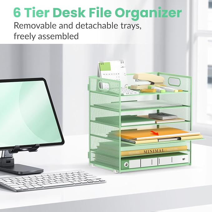 Daltack 6-Tier Paper Organizer for Desk with Handle, Green, 2 Pack | Sturdy Metal Mesh Organizer with Movable Middle Trays and a Carry Handle for Papers, Folders and Office Supplies