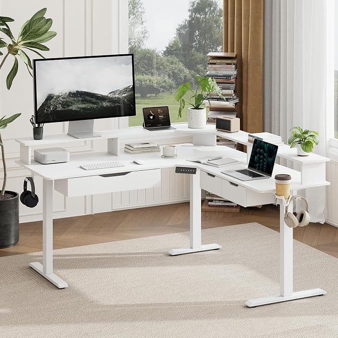 MALOL 59" L Shaped Electric Standing Desk with Drawers, Height Adjustable Desk with Power Outlets & LED Lights, Monitor Stand, Corner Computer Desk for Home Office, White