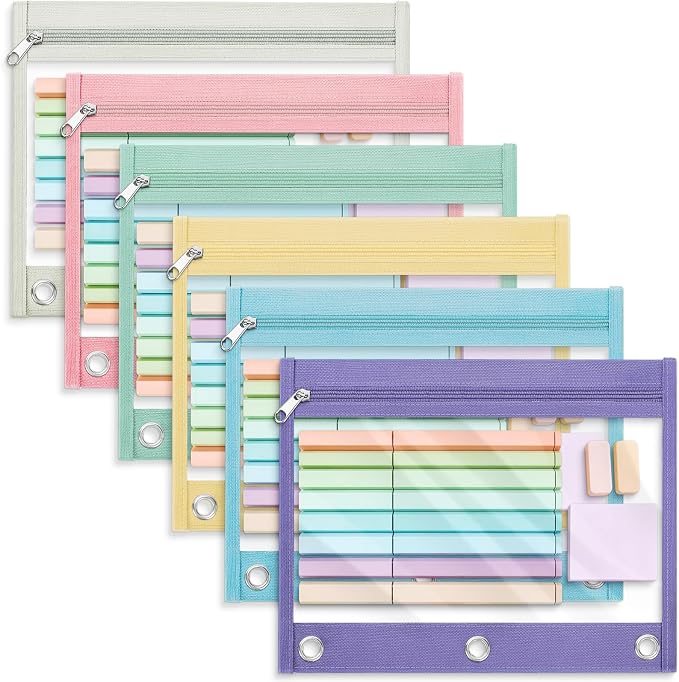6 Pack Pencil Pouch for 3 Ring Binder, Featuring Colored Zippers & Transparent Windows, Multicolors Fabric Pencil Case Pouch Durable Zipper Pencil Bags in Bulk for Office School Supplies (6 Colors)