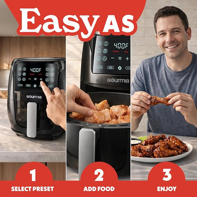 Gourmia Air Fryer - 4 Qt Capacity, FryForce360º, Digital Display with 8 Presets, Roast, Bake, Broil, Dehydrate, Dishwasher Safe Accessories, Compact, Black