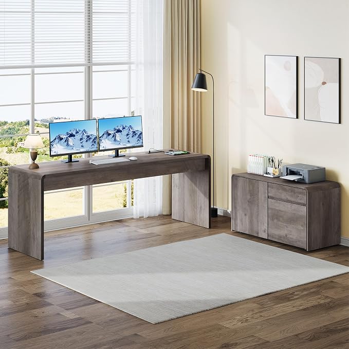 78" L-Shaped Executive Desk with Mobile File Cabinet, Grey Oak | Mid-Century L-Desk with Mobile File Cabinet, Drawers & Power Hub (4AC+2USB) Waterfall Edge. Large Workspace for Home Office