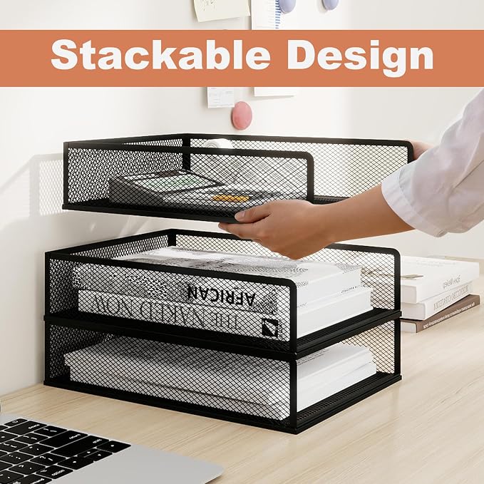 Natwind 3-Tier Stackable Metal Mesh Letter Paper Tray Organizer,Black | Desk Organizer For Paper,Document,Mail Tray For Office Supplies,File Holder For Home Office School Classroom Organization