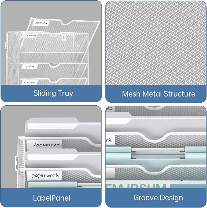 10-Tier Wall File Organizer and Hanging File Organizer, White | Wall Organizer and Wall Mounted File Holder with 14 Pockets and Label Panels for Files, Mail, Folders, Magazines and Paper