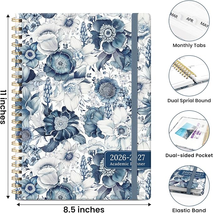 Academic Planner 2026-2027, Monthly and Weekly Calendar Planner, July 2026 - June 2027, Pretty Hardcover Teacher Student Planning Agenda Book with Tabs, Fit for School Office Supplies, 8.5" x 11", Blue Floral