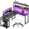 ODK 53 Inch L Shaped Gaming Desk with Hutch & Headphone Hook | Black Corner Computer Table with LED light & Storage Shelves for Home Office