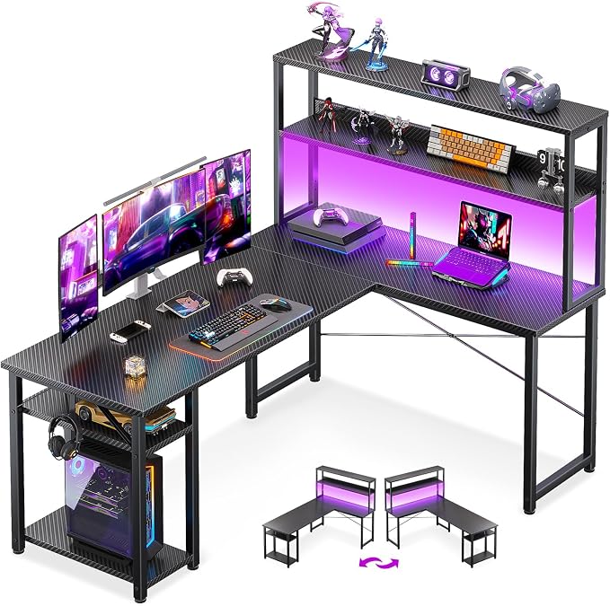 ODK 53 Inch L Shaped Gaming Desk with Hutch & Headphone Hook | Black Corner Computer Table with LED light & Storage Shelves for Home Office