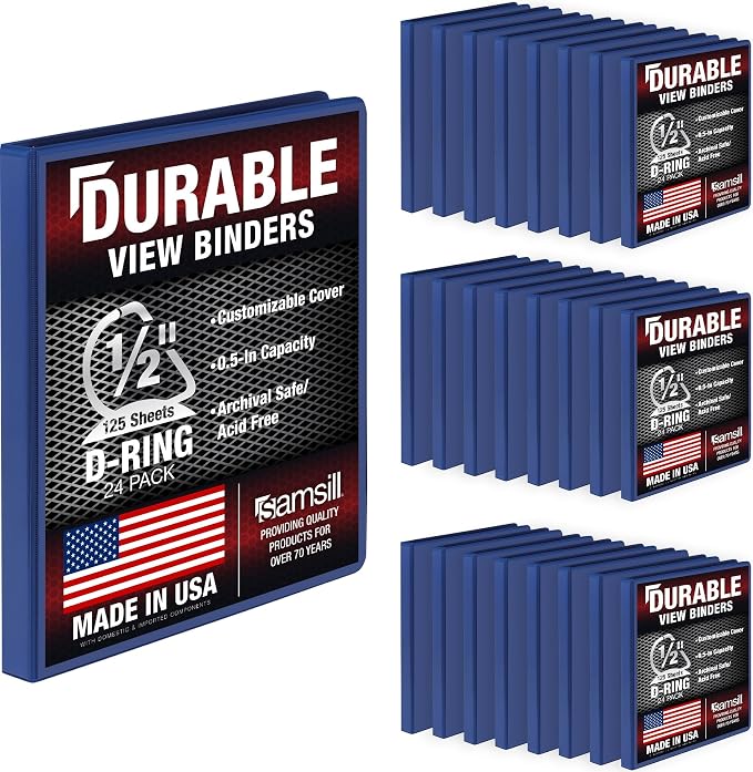 Samsill Durable 0.5 Inch Binder, D Ring Binder, Customizable Clear View Cover, Blue, 24 Pack, Each Holds 125 Pages