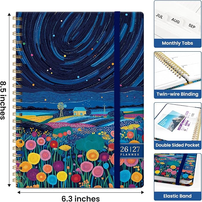Planner 2026-2027, Monthly & Weekly Jul 2026-Jun 2027 Academic Planner | 6.3" x 8.5", Hardcover Spiral Calendar Planner with Tabs, School & Daily Agenda for Women, Students, Teachers, Star Fields