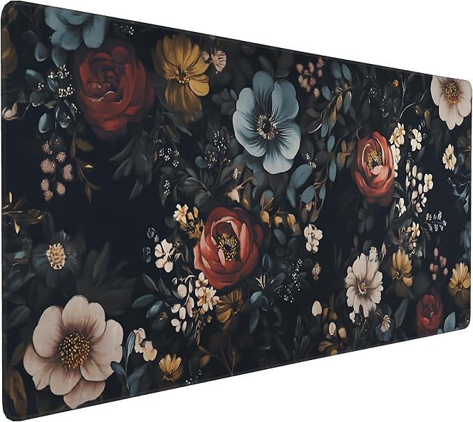 Floral Aesthetic Rose Gaming Mouse Pad, Black Dark Botanical Desk Mat with Anti-Slip Base & Stitched Edges,35.4" x 15.7" in Desk Accessories for Women, Home Office Decor & Artistic Gift