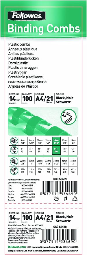 Fellowes A4 14 mm Plastic Binding Combs for Comb Binding Machine, Binds 81 to 100 Pages, Black, Pack of 100, 5346907