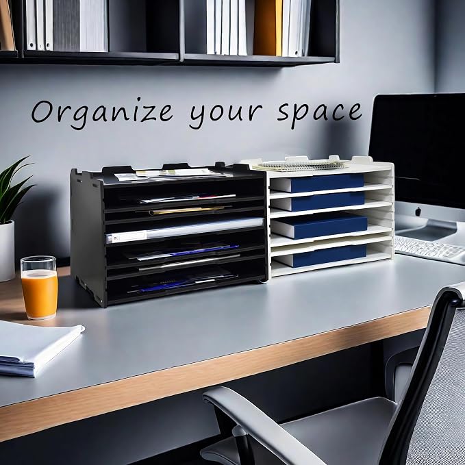4 Tier Adjustable Shelves Office Desk Organizer,Wooden Desk File Organizer, Letter Tray, Document Letter Mail Tray Sorter, White/Black (Black-4tray(with 3 Adjustable Shelves))