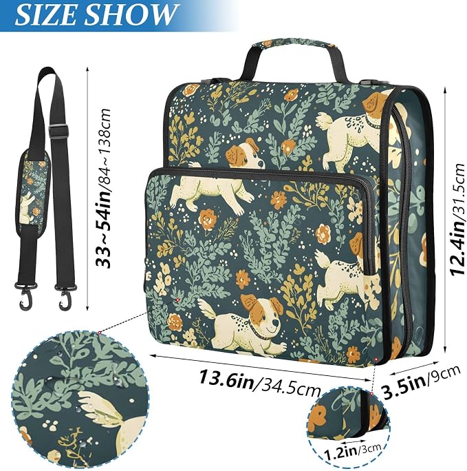3 Ring Zipper Binder with Shoulder Strap Jack Russell Meadow Pattern 1.5 inch Binders Keeper Large Capacity Multi Pockets for School Office Supplies