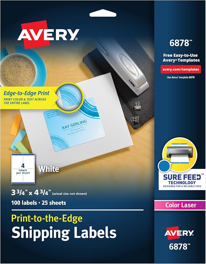 Avery Print-to-the-Edge Printable Shipping Labels, 3.75" x 4.75", Matte White, Sure Feed Technology, Laser & Inkjet Compatible, 100 Blank Labels, Great for Mailing, Branding, and More (6878)