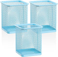 Segarty Pen Holder for Desk, 3 Pack Square Light Blue Pencil Holder, Wire Mesh Pen Cup Container Set Desktop Organizer for Office Supplies, School Students, Home Storage, Brush Organization