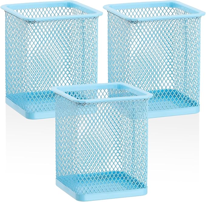 Segarty Pen Holder for Desk, 3 Pack Square Light Blue Pencil Holder, Wire Mesh Pen Cup Container Set Desktop Organizer for Office Supplies, School Students, Home Storage, Brush Organization