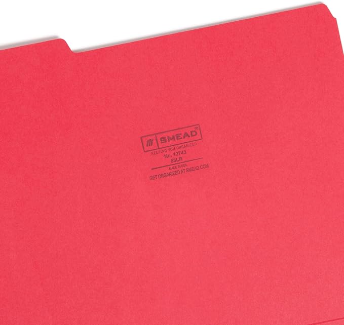 Smead File Folder, 1/3-Cut Tab, Assorted Positions, Letter Size, Red, Value Filing Products, 100 per Box