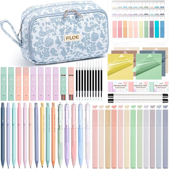 62PCS Aesthetic School Supplies Cute Back to School Supplies Stationary Set | College Preppy Essentials Kit with Large Pencil Pouch Case, Pastel Highlighters Gel Pens Mechanical Pencils for Student Girls