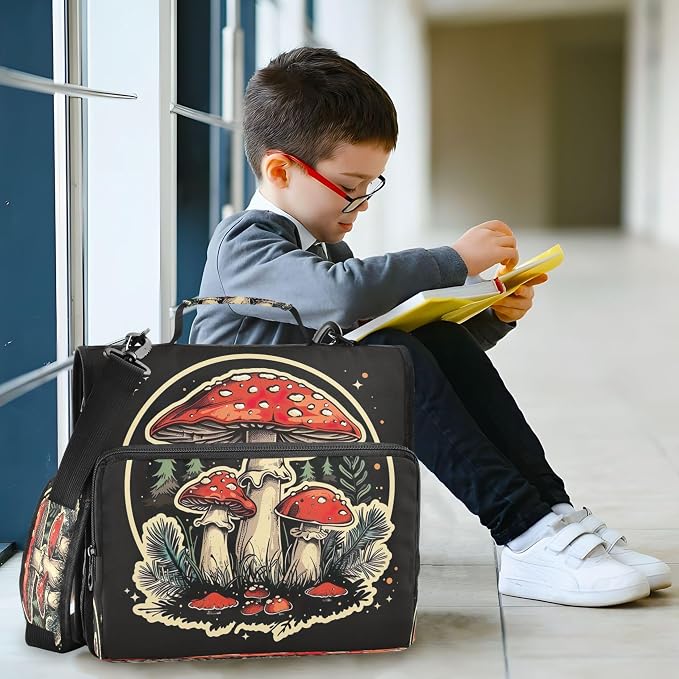 3 Ring Zipper Binder Red Mushroom Binder Organizer Portfolio with File and Shoulder Strap & Handle Large Capacity File Folder