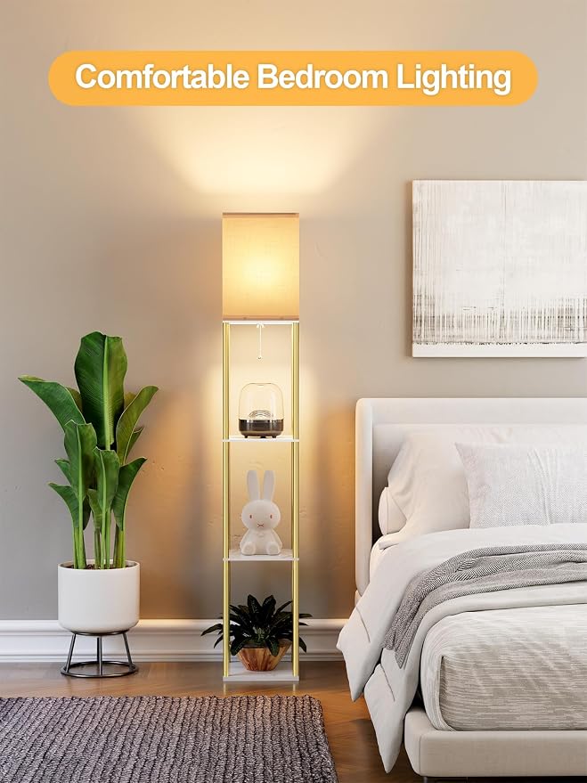 Floor Lamp with Shelves, Modern Corner Display Standing Column Shelf Lamp Etagere Organizer Tower Nightstand with White Linen Shade for Living Room, Bedroom and Office, Marble White and Gold Poles