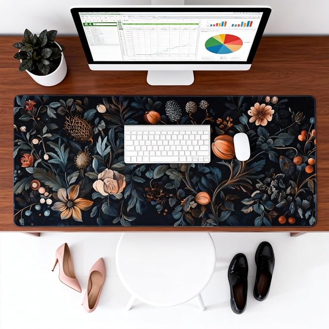 Floral Aesthetic Flower Bud Gaming Mouse Pad, Black Dark Botanical Desk Mat with Anti-Slip Base & Stitched Edges, Office & Home Desk Decor for Women, 35.4" x 15.7" in Computer Desktop Mat