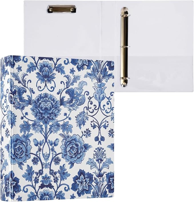 Porcelain Floral Round Ring Binders 1.5 Inch Peony 3 Ring Clipboard Binder for Office School Work Supplies File Folder Document 200 Sheet Capacity Easy Open 2 Pieces