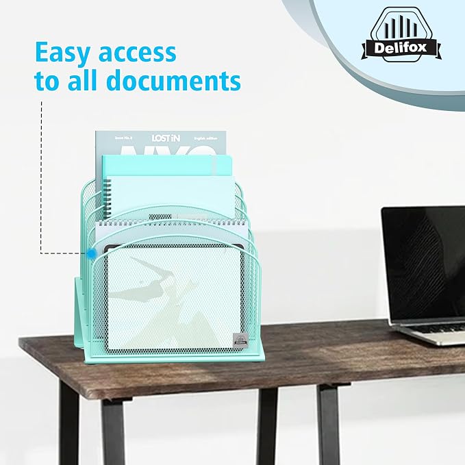 Delifox Inclined Desk File Organizer,Vertical File Folder Holder Stand Metal Rack File Sorter for Office Classroom Desktop Organization (1, Aqua, 5)