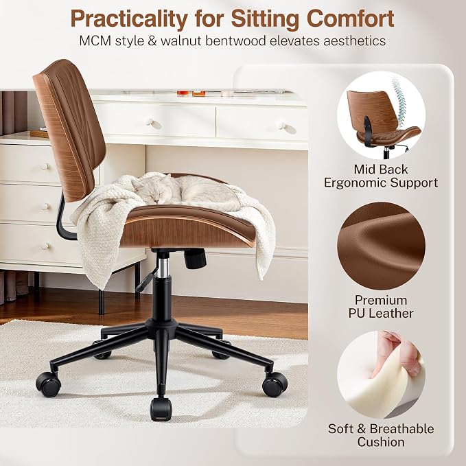 Ergonomic Armless Office Desk Chair - Mid-Century Modern Brown Faux Leather with Diamond Stitch, Adjustable Height Swivel Rolling Task Computer Chair with Walnut Accent for Home Office, Study & Work