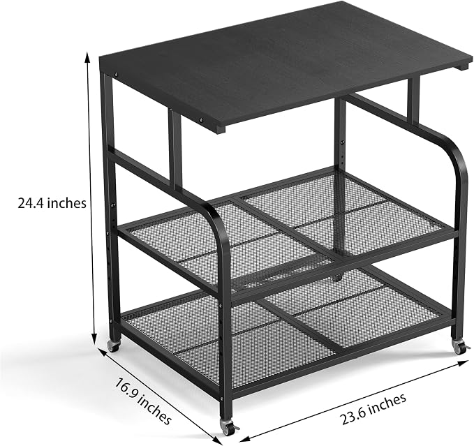 niffgaff Mobile Printer Stand with Large Desktop - 3 Tier Shelf, 24.4 Inch Height, Wooden Organizer for Home&Office, Black