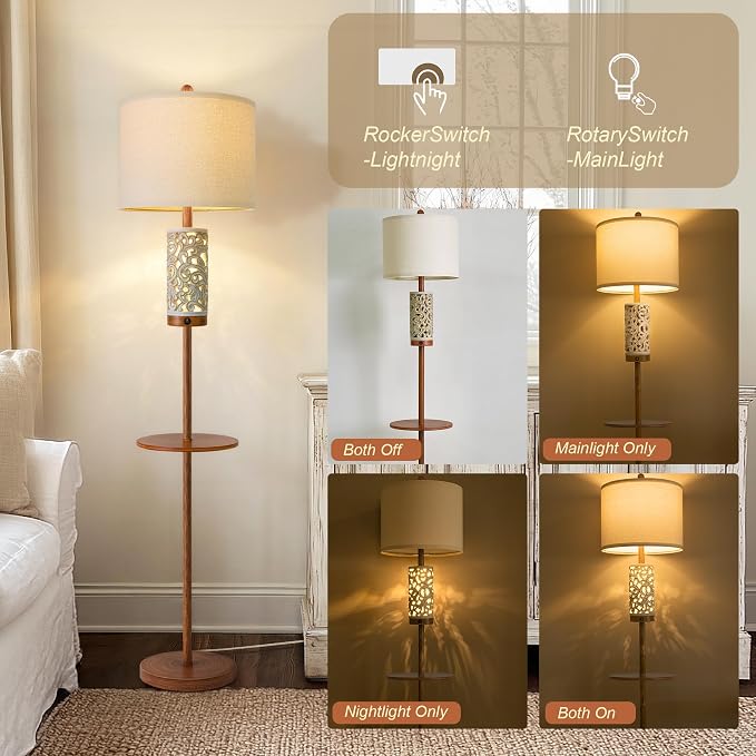 Dimmable Farmhouse Floor Lamp for Living Room, 2-in-1 Rustic Floor Lamp with Main&Night Light,Linen Shade&Dual Switches, 65" Standing Lamp for Bedroom Office Corner Dining Room, Wood Pole Lamp