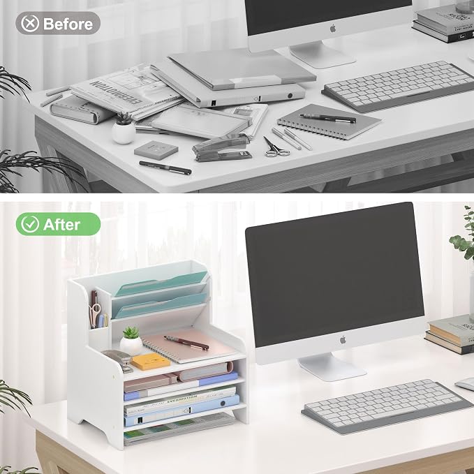 Bamboo File Organizer for Desk, Desktop Paper Tray and Mail Holder | Three open tiers keep A4/letter paper, folders, bills and mail sorted, visible and easy to reach while saving desk space