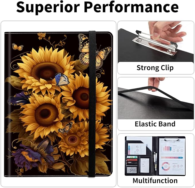 Padfolio/Portfolio Folder Clipboard,Padfolio Clipboard,Writing Portfolio Leather with Cover for Card Holder Slot Letter Size A4 for Office Conference Notepad Clip Boards,Sunflowers Butterflies