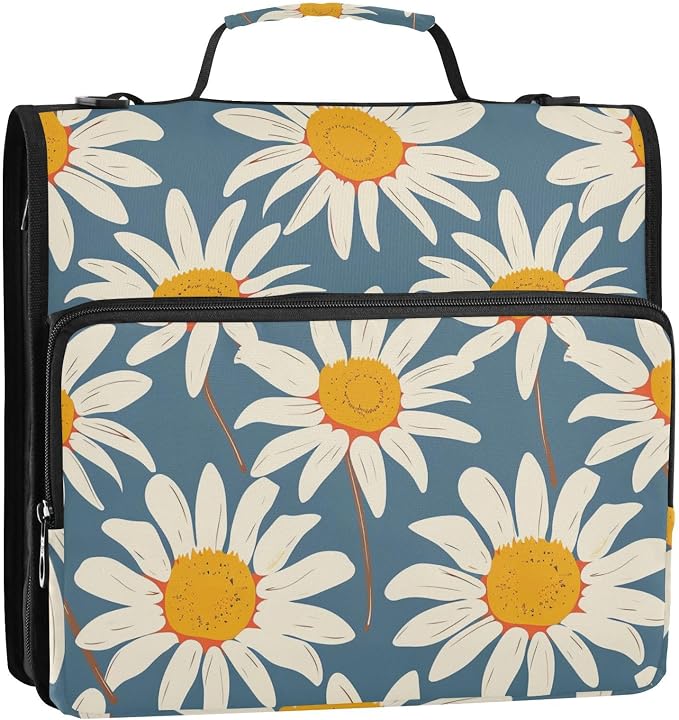 ALAZA Daisy Floral Zipper Binder 1.5 inch 3 Ring Binder Organizer with Shoulder Strap and Handle for Home Office Work